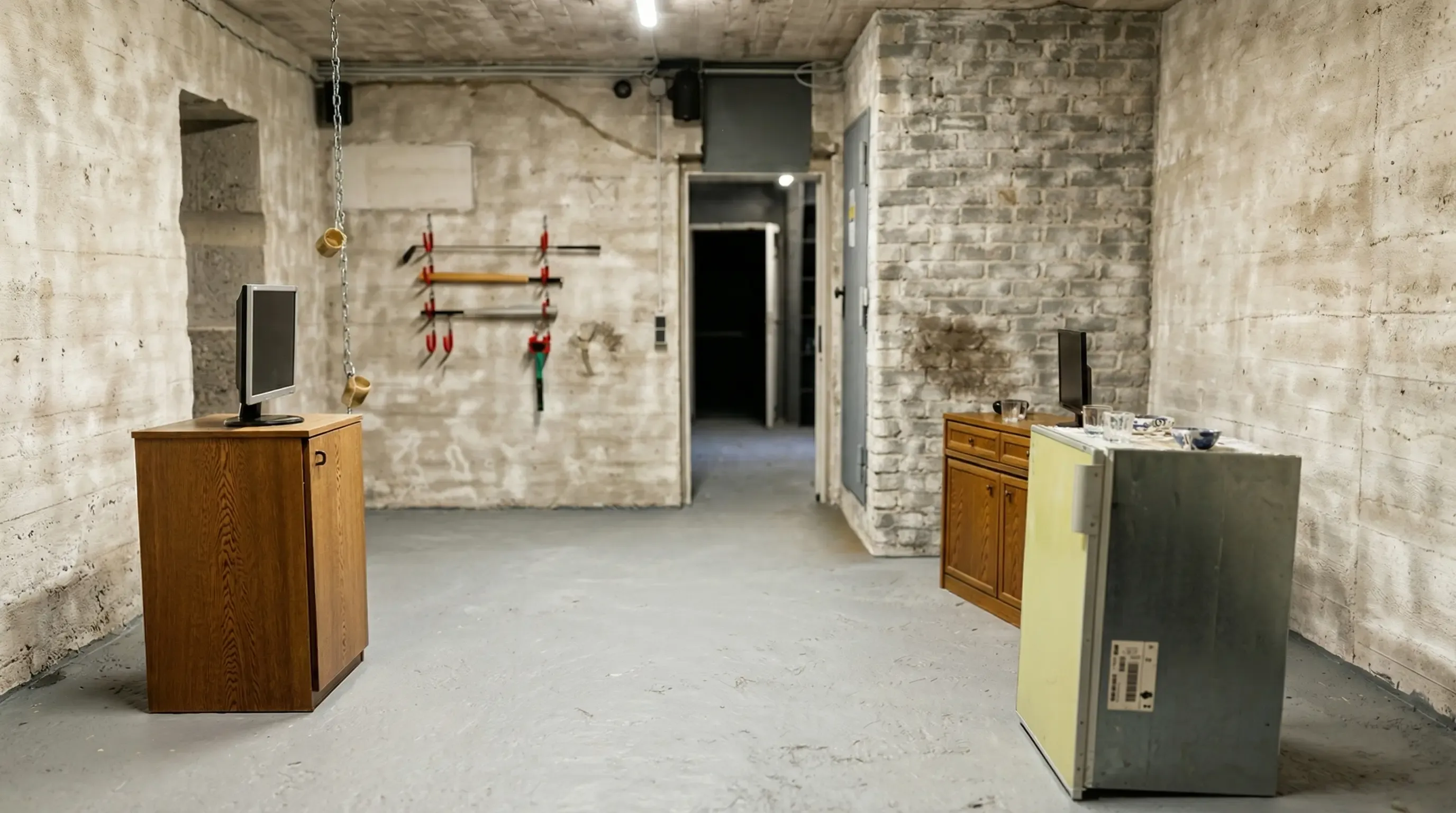 Rage Room Rückansicht mit Werkzeugen an der Wand